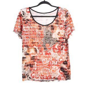 Cato Ruffle Shirt L Womens Abstract Print Short Sleeve Orange Black White Polyes